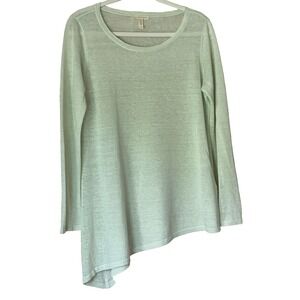 Eileen Fisher Green Semi Sheer High Low Linen Blend‎ Long Sleeve Top Size XS/TP